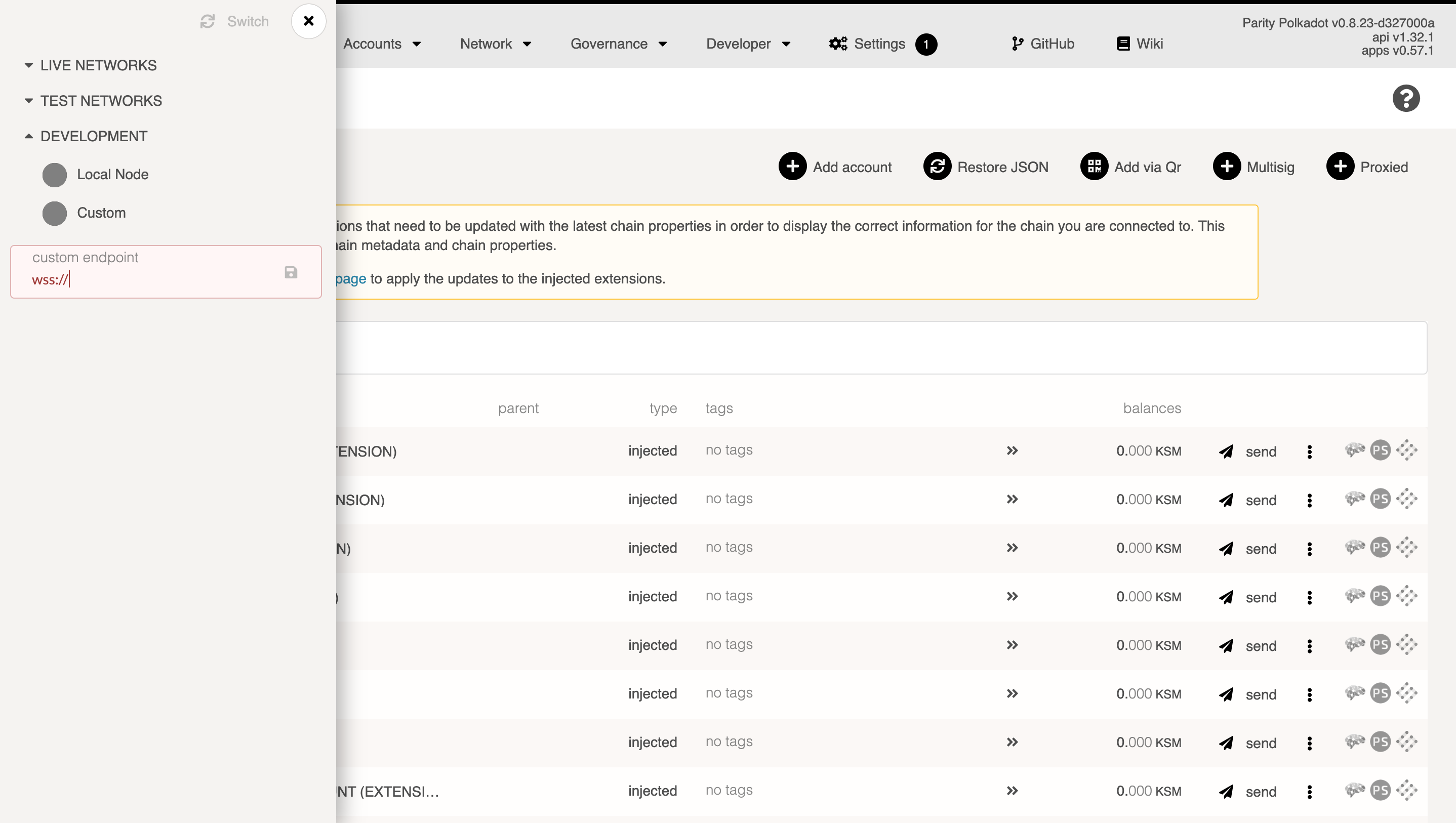 A sync-in-progress chain connected to Bitzal-JS UI